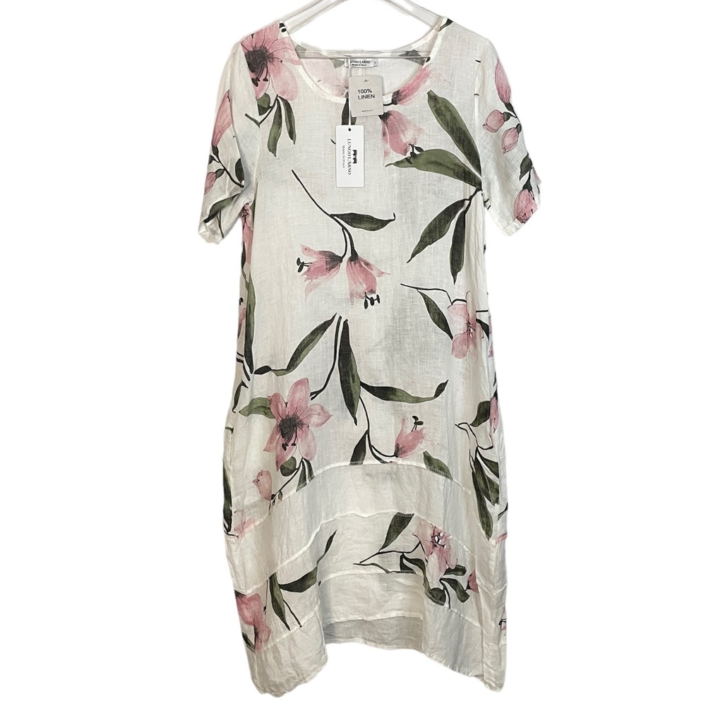 Floral Linen Dress with Pink and Green Accents